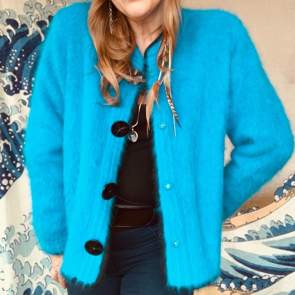 Vanesha Sweaters - Vanesha brilliant blue lined angora sweater L